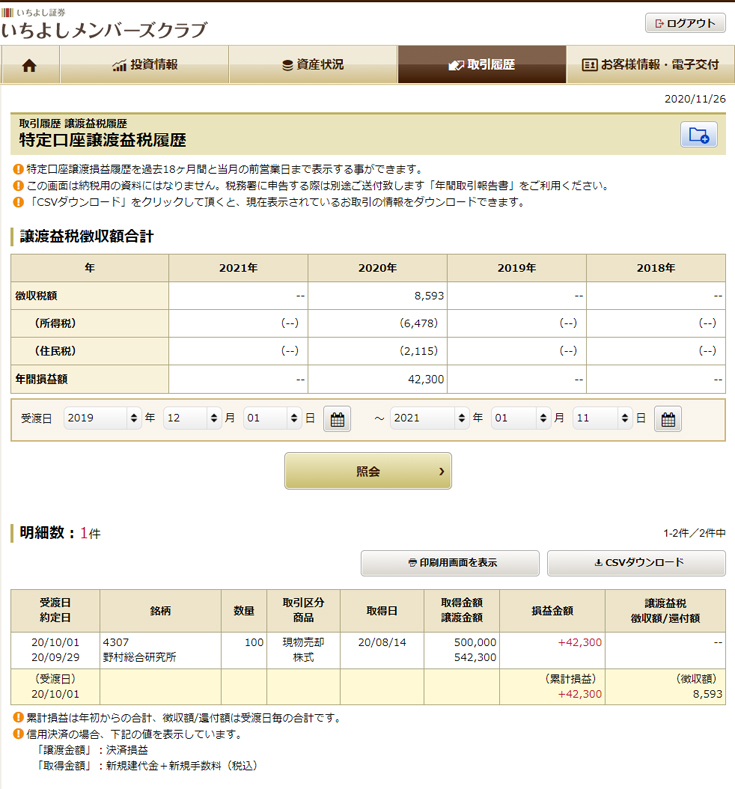 特定口座譲渡益税履歴画像サンプル